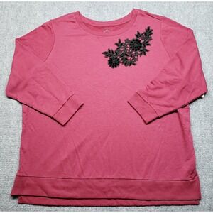 St Johns Bay Sweatshirt Womens 2X Red Rhododendron Patch Floral Round Neck New